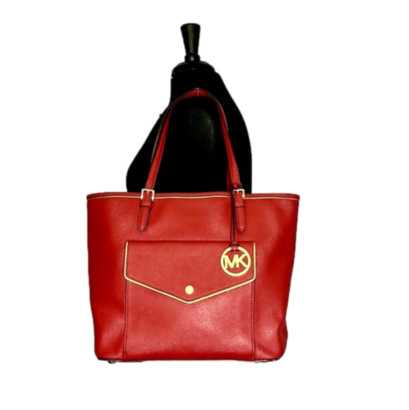 MICHAEL Michael Kors Handbags - Micheal Kors Jet Set Front Pocket Cherry Red Saffiano Leather Tote